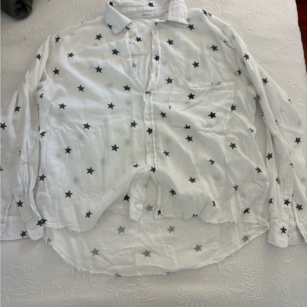 MArket White Black Star Linen Button Down Shirt